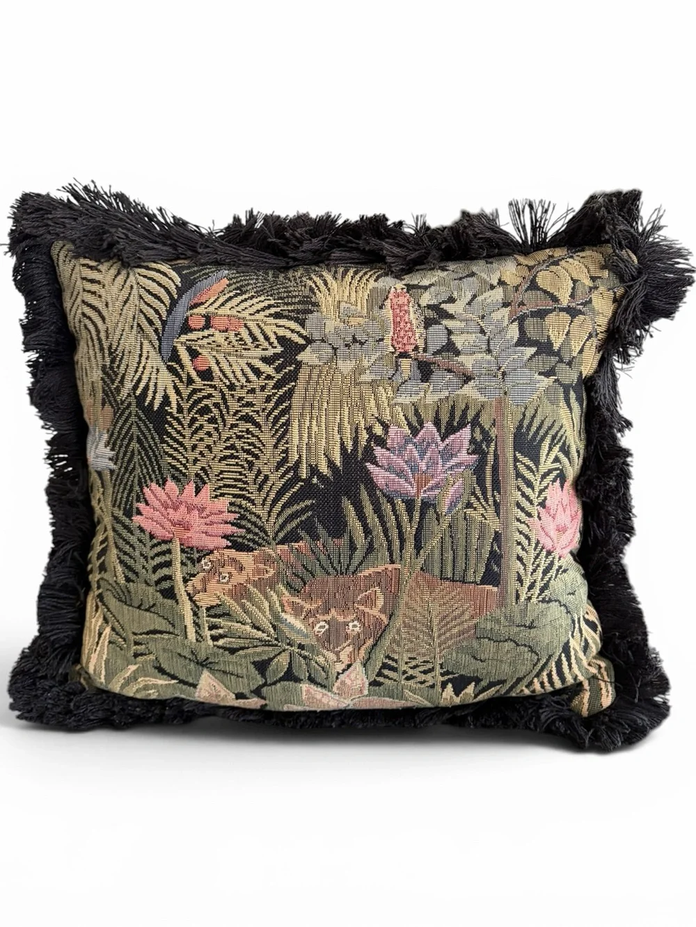 Vintage Black Floral and Animal Tapestry Accent Pillow